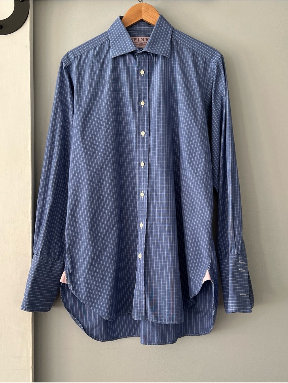 Thomas Pink Dress Shirt Men’s 16.5 34 Blue Check Button Up French Cuff Ireland
